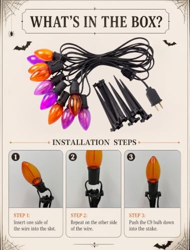 SUNSGNE Halloween Pathway Lights, 19.5Ft Halloween Stake Lights with 10 Count C9 LED Orange and Purple Bulbs for Lawn Yard Sidewalk Garden Decoration