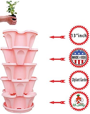 Mr. Stacky 5-Tier Pink Strawberry and Herb Garden Planter - Stackable Gardening Pots with 10 Inch Saucer