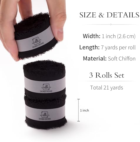 DORIS HOME Handmade Frayed Fringe Chiffon Ribbon 1" x 21Yd Black