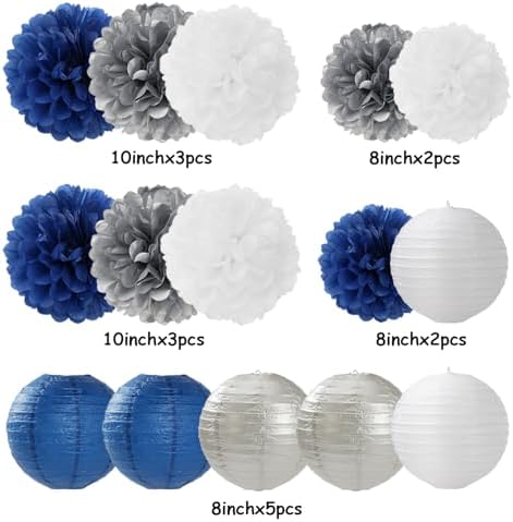 Navy-Blue Silver Party-Decorations Paper-Flowers Lanterns - 15PCS Birthday Royal White Wedding Tissue Pom Poms Streamers,Baby Bridal Shower Bachelorette Graduation Hanging Supplies Decor Hugfond