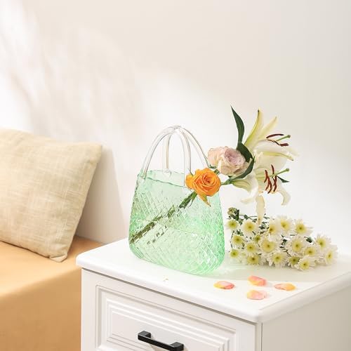 Glass Purse Vase, Green Purse Vase for Flowers, 12 Inch Glass Bag Vase, Large Flower Vases with Embossed Pattern for Wedding, Living Room, Bedroom, Table, Office(Round)