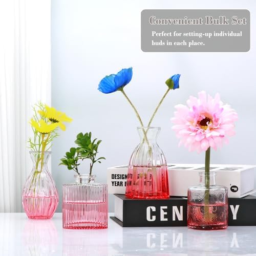 Glass Bud Vases Set of 4, Small Pink Flower Vases for Wedding Centerpieces
