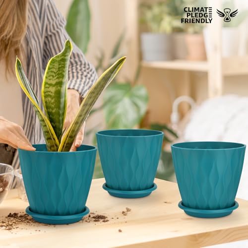 YNNICO 6 inch Plant Pots, 5 Pack Flower Pots Outdoor Indoor, Planters with Drainage Hole and Tray Saucer(Blue