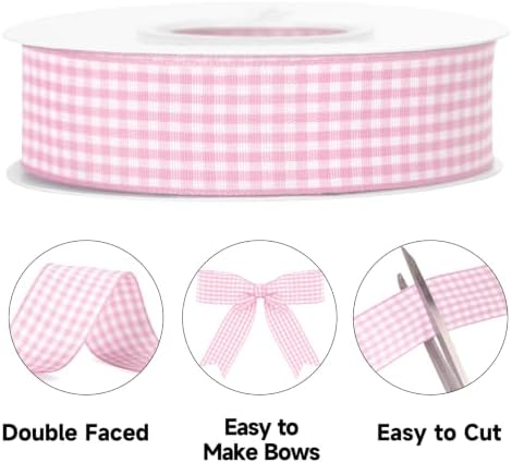 KINGLAKE Light Pink Gingham Ribbon - 1'' x 25 Yds Pink Plaid Ribbon
