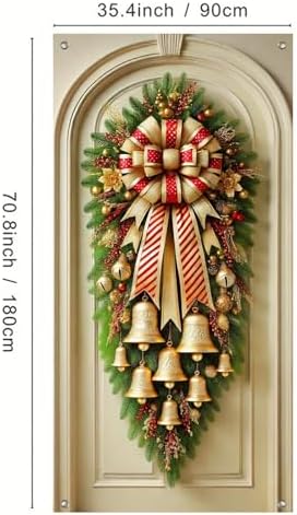 BlissYard Christmas Bells Wreath Door Cover 35x71 Inch Elegant Holiday Doors Banner Festive Gold Bells Door Decorations Polyester Fabric Doors Mural Wall Hanging Traditional Xmas Decor