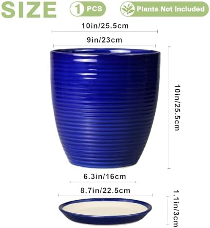 Ceramic Planter Pot - 10 Inch Plant Pot Indoor with Drainage Hole and Saucer Round Planter Large Modern Decorative Flower Pot Outdoor Garden Pot Blue