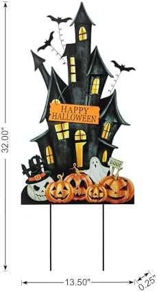 Glitzhome 32" H Halloween Metal Haunted House Yard Stake/Hanging Decor,Halloween Pumpkin Bats Ghost Garden Yard Sign for Lawn Decorations Outdoor Garden Halloween Party Decor
