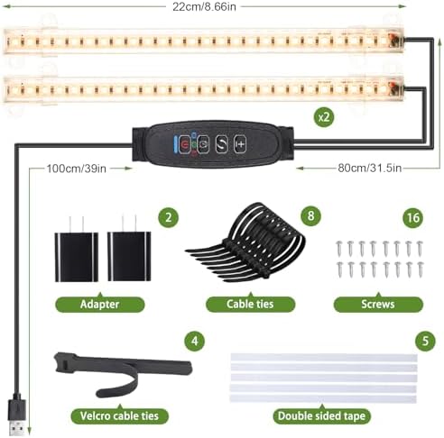 8.6'' LED Grow Light Strips, Full Spectrum 3500K Grow Lights for Indoor Plants, 2 Head with 3/9/12H Timer, 10 Dimmable Levels, Suitable for Seedling, Succulent, Plant Shelf and Greenhouse, 2-Pack