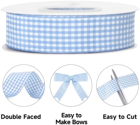 KINGLAKE Light Blue Gingham Ribbon - 1'' x 25 Yds Blue Plaid Ribbon