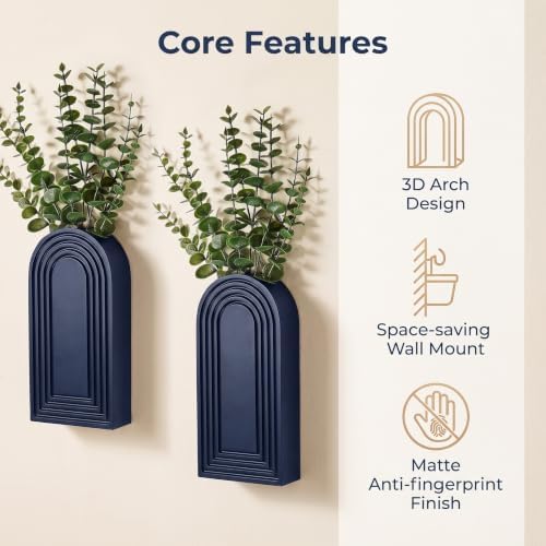 Dnnnii 2 Pack Wooden Wall Vase Set - Blue Finish Modern Farmhouse & Boho Wall Decor for Entryway, Hallway, Bathroom, Living Room, Dining Room, Narrow Spaces