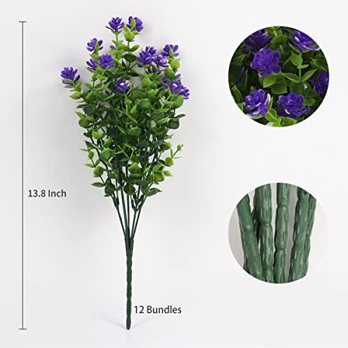 RECUTMS 12 Bundles Artificial Flowers Faux Outdoor Plastic Purple Plants