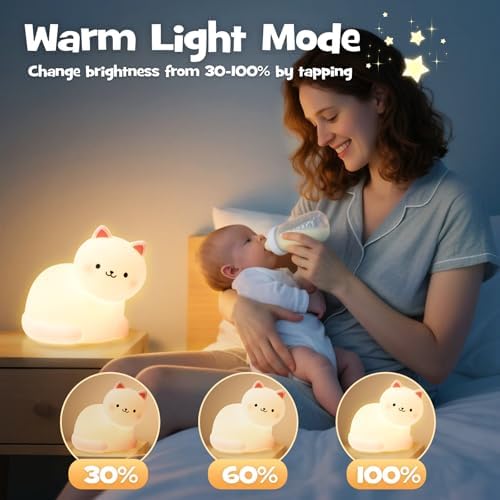 Cute Smile Cat Night Light RGB Rechargeable Soft for Nursery Bedroom