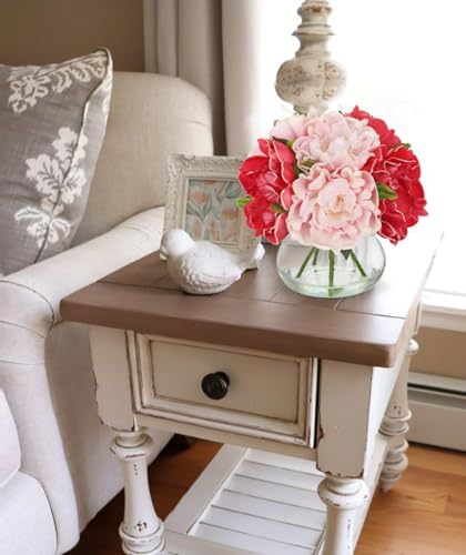 Hollyone Peonies Artificial Flowers with Vase Hot Pink Faux Flowers Peony Fake Flowers Silk Flower Arrangements in Glass Vase with Faux Water for Home Decor Bathroom Table Centerpiece Decorations
