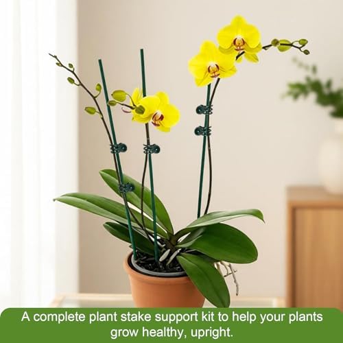 20Pcs 16" Green Plant Stakes with 20 Adjustable Reusable Clips, Bendable Tall Sticks, Support Heavy Orchid Rose Peony Single Stem Flowers for Indoor Outdoor Potted Plants