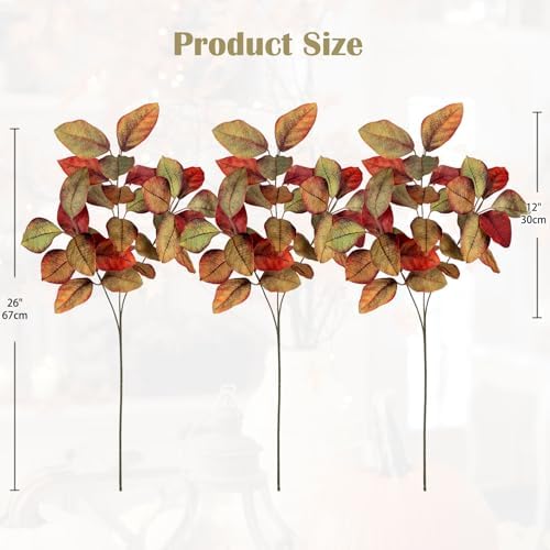 Briful 5 PCS Fall Leaves Artificial Magnolia Leaf Branches, 26" Autumn Fake Plant Stems for Vase Floral Arrangement Kitchen Table Home Fall Decoration