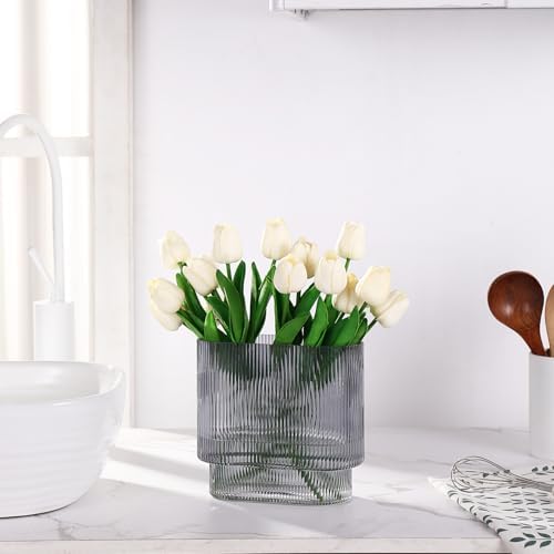 Ribbed Glass Vase, Black Glass Vase, Fluted Short Vases for Flowers, Modern Vases for Living Room, Dining Room, Bathroom, Desk, Shelf, Wedding, Office, 7 Inches