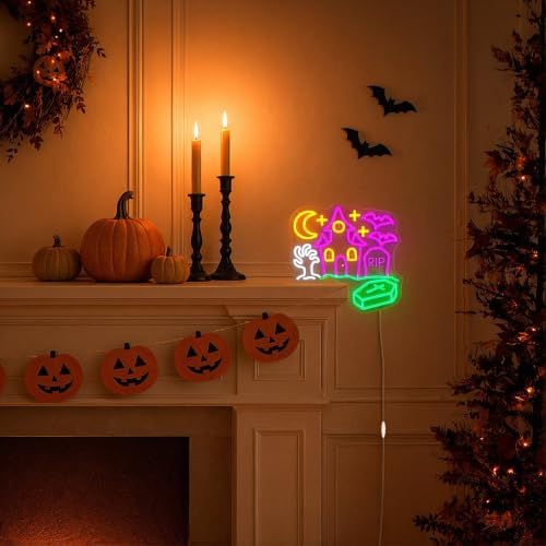 Halloween Neon Sign,Haunted House Decor,L Shaped,12.9x12.9inch,USB Powered