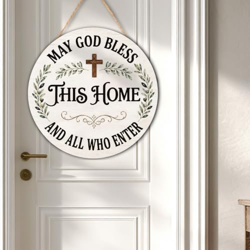 May God Bless This Home Wooden Hanging Sign for House Front Door, Christian Religion Welcome Sign for Porch Garden Patio