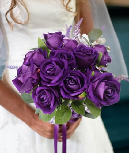 Artificial Roses Flowers, 12 Pcs Fake Purple Rose in Bulk, Long Stem Realistic Silk Roses Bouquet for Wedding, Party Centerpieces, Flower Arrangement, Home Decor (Purple, 12-PCS) (Pack of 2)