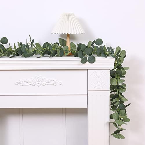 FUGZAUD 2 Pack Artificial Eucalyptus Garland Faux Silk Leaf Silver Dollar Eucalyptus Leaves Vines Handmade Garland Greenery Wedding Backdrop Indoor Outdoor Arch Wall Decoration
