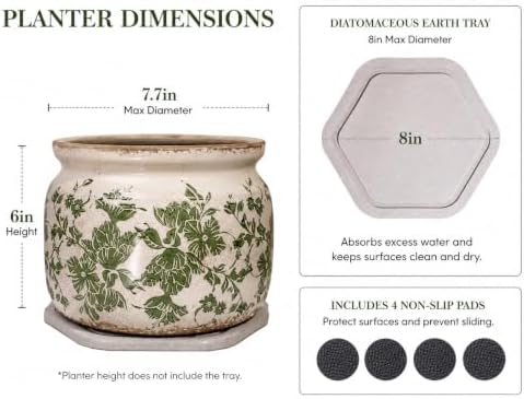 Tuscan Ceramic Planter with Decorative Tray, Plant Lover Gifts for Women