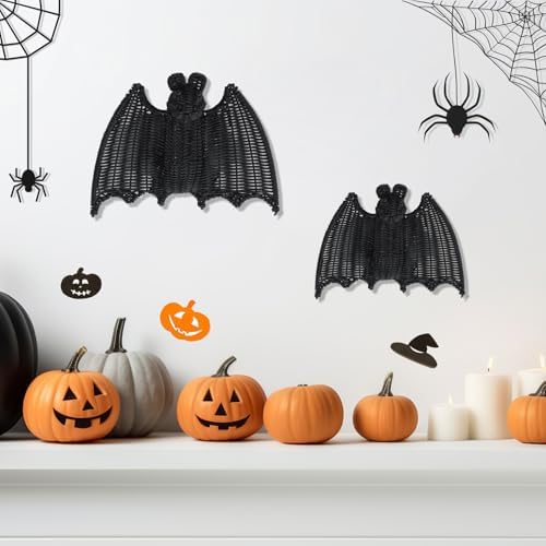 Wonderjune 2 Pack Halloween Rattan Bat Decorations 15.8'' and 9.8 '' Black Woven Bats for Hanging in the Tree, Porch, Yard, Lawn, Indoor, Outdoor, Rustic Modern Farmhouse Decor