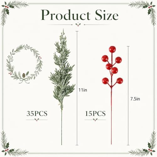 50Pcs Christmas Snow Pine Branches with Red Berries,Snowy Norfolk Pine Stem