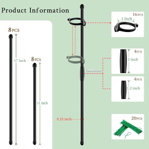 Plant Stakes 17inch &11inch SupKing Adjustable Length Plant Support Stake 16Pcs Orchid Sticks with Clips for Indoor Outdoor,Garden Poles for Potted Tomato Amaryllis Vegetables with 20 Ties (Black)