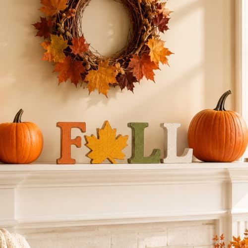 Fall Decorations for Home, 4 PCS Wooden Table Signs, Autumn Letter Blocks
