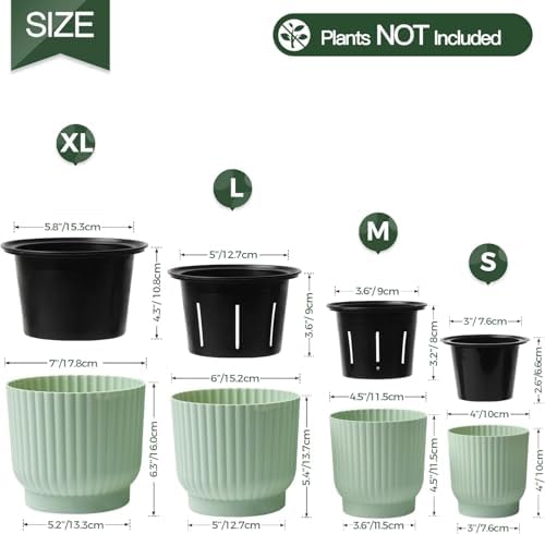 T4U Self Watering Pots for Indoor Plants, 4 Inch 6 Pack Planter Green