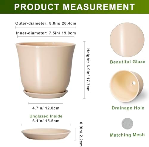8 Inch Plant Pot, Ceramic Pots for Plants Indoor, Beige