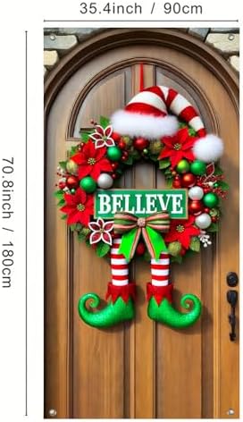 BlissYard Christmas Door Cover Believe Elf 35x71 Inch Polyester