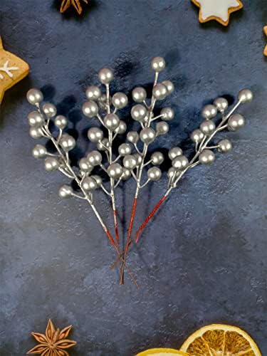 Artificial Berry, 24 pcs Christmas Berries Stems, Artificial Christmas Picks, Berries Stems for Xmas Tree Ornaments Wreath Decorations Home (Silver)