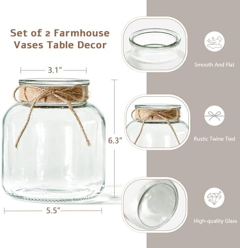 Houmury Glass Vases for Centerpieces Set of 2 Farmhouse Utensils Holder 6 Inch Clear Large Vase with Twine Ties Home Decor for Wedding Living Room Dining Table Office (2)