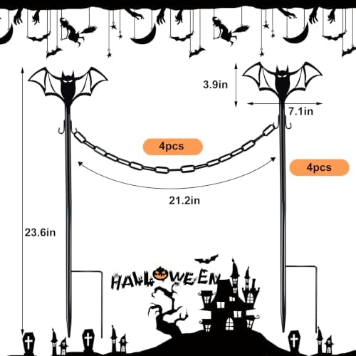 4 Sets Metal Halloween Fence for Outdoor Garden, 23.6in Halloween Graveyard Fences Bat Garden Fence with Connecting Chains Weatherproof Spooky Cemetery Decor for Outdoor Graveyard Pathway Party Scene