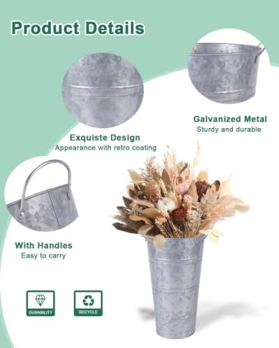 12 Inch Galvanized Metal Vase, 2 Pack Tall Flower Buckets with Handles
