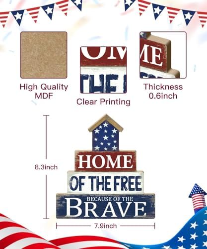 Putuo Decor Fourth of July Table Decorations -Home of The Free Because of The Brave, Wooden Patriotic Desk Decor Sign, Freestanding Centerpiece for Home Office Memories Day Party Supplies