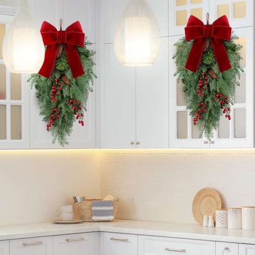 Knitgrip 2 Pack Christmas Teardrop Swags Artificial Wreath with Pine Cones