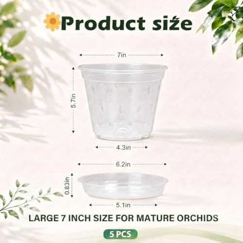 Orchid Pots, 5 Pack 7 Inch Large Clear Orchid Pots with Hole and Saucer