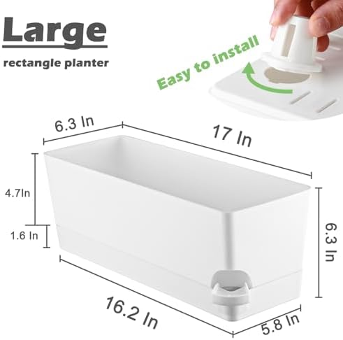 2 Pack Self Watering Pots for Indoor Plants 17 Inches Window Boxes Planters Rectangular Flower Pots Rectangle Herb Pots Large Plant Pots with Drainage Holes and Saucers Windowsill Planter, White