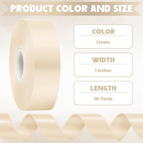 1 in 30 Yards Cream Satin Ribbon for Gift Wrapping Easter Wedding Decor