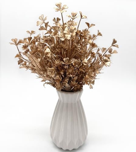 PASYOU Gold Fake Flowers Artificial Shrubs for Christmas Decor, Plastic Plants Faux Leaves Stems Grass Foliage Home Wreath Ornaments Party Hotel Wedding Event Gift DIY Tree Decoration Golden 10 Pack