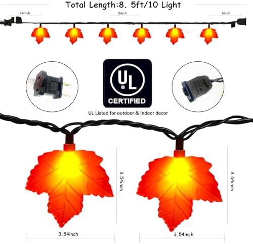Fall Decor Maples Leaf String Lights, 8.5FT LED Maple Leaf Lights with 10 3D Maple Light, Plug in Fall Decorations for Indoor Outdoor Thanksgiving Christmas Halloween Harvest-Orange