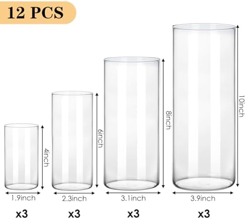 Fixwal 12pcs Clear Glass Cylinder Vases, 4, 6, 8, 10 Inch Tall