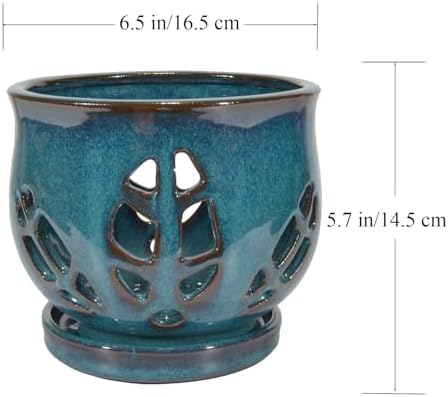 W&W Orchid Pot with Holes and Saucer for Repotting, Teal, 6.5"