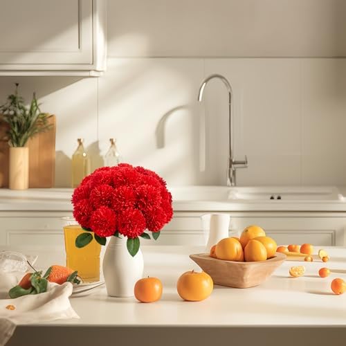 SITUMEIZI 12 Pcs Red Flowers Artificial Chrysanthemums, Fake Mums