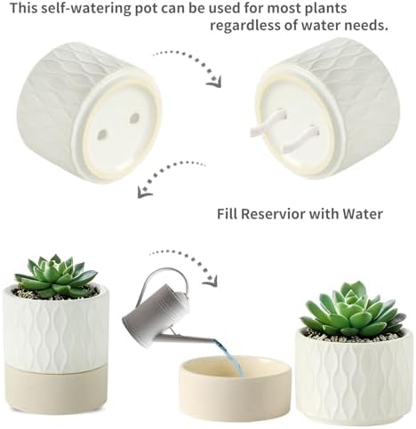 Nihow Ceramic Self Watering Plant Pot for Indoor Plants, 6 Inch,Cream White