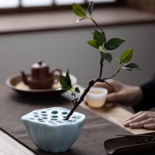 Lotus Pod Flower Arrangement Vase, Ceramic Flower Frog Pot, Ikebana Stem Holder, Decorative Flower Frog Container, Ceramic Flower Vase Kenzan (Light Cyan)