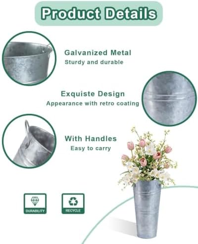 9 Inch Galvanized Flower Bucket, 6 Pack Tabletop Vases for Dried Flowers