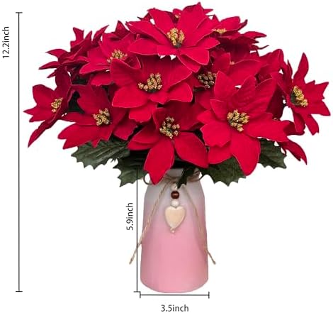 Artificial Poinsettia Christmas Flower Arrangement in Pink Vase, Festive Red Faux Flowers with Heart Charm for Home, Office & Holiday Décor